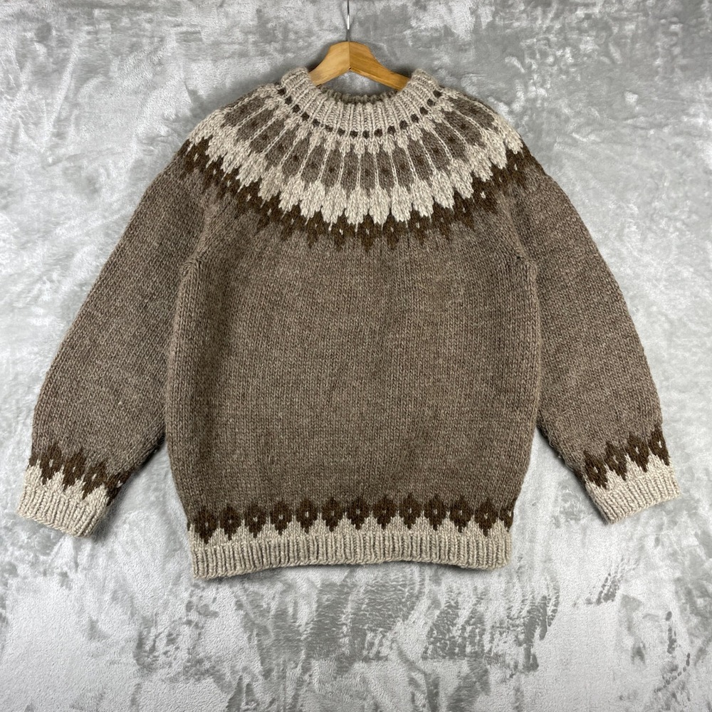 Vintage Hand Knit Sweater Mens Large Brown Fair Isle Wool Chunky Heavyweight